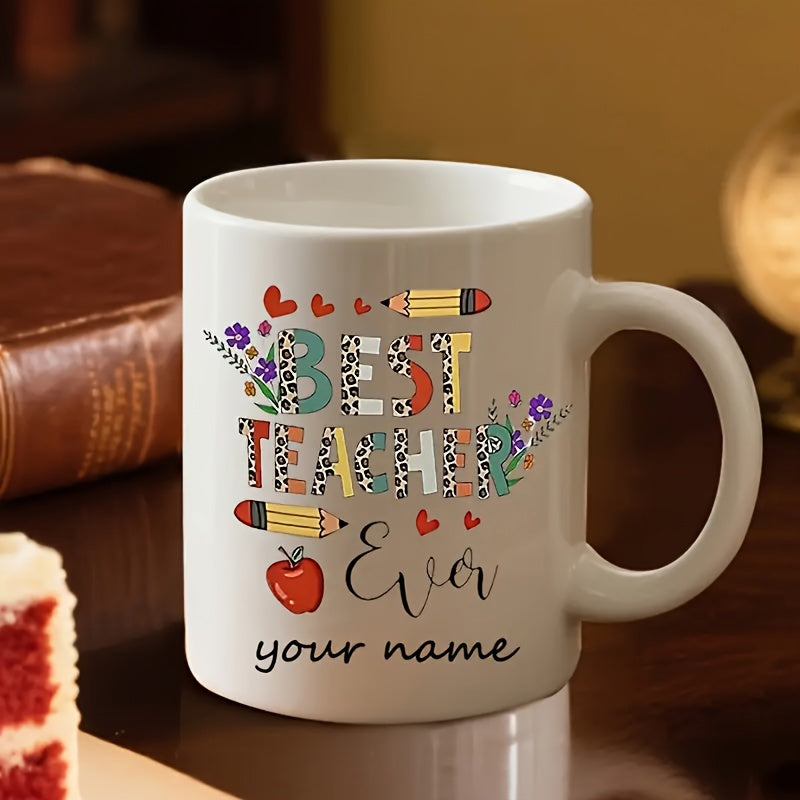 Tailorly White Ceramic 11 oz Mug - Best Teacher Ever Colorful Leopard Print Letters With Cute Pencils And Red Apple Mug