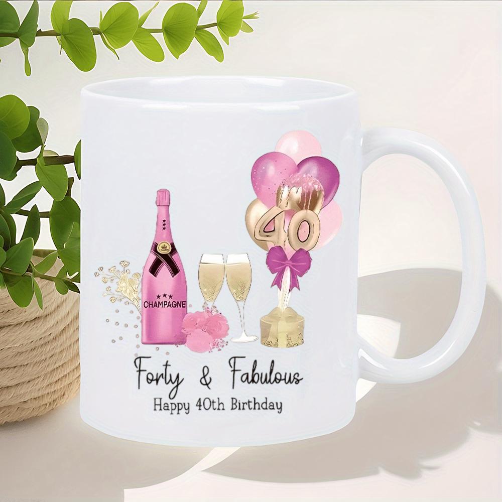 Tailorly White Ceramic 11 oz Mug - Forty Fabulous Happy 40th Birthday Pink Champagne Bottle With Golden Heart Balloons And Sparkly Glasses Mug