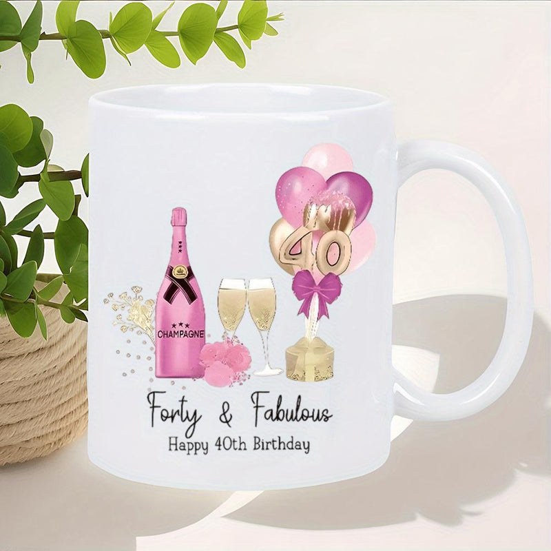 Tailorly White Ceramic 11 oz Mug - Forty Fabulous Happy 40th Birthday Pink Champagne Bottle With Golden Heart Balloons And Sparkly Glasses Mug