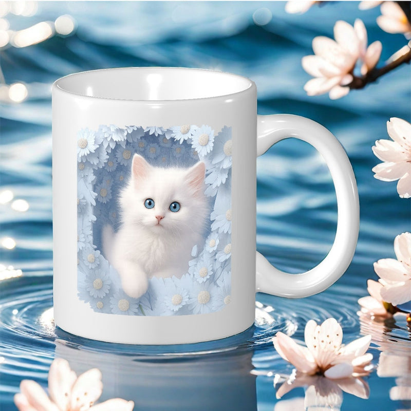 Tailorly White Ceramic 11 oz Mug - Adorable White Fluffy Kitten Surrounded By Soft Blue Flowers Sitting Gracefully Cat