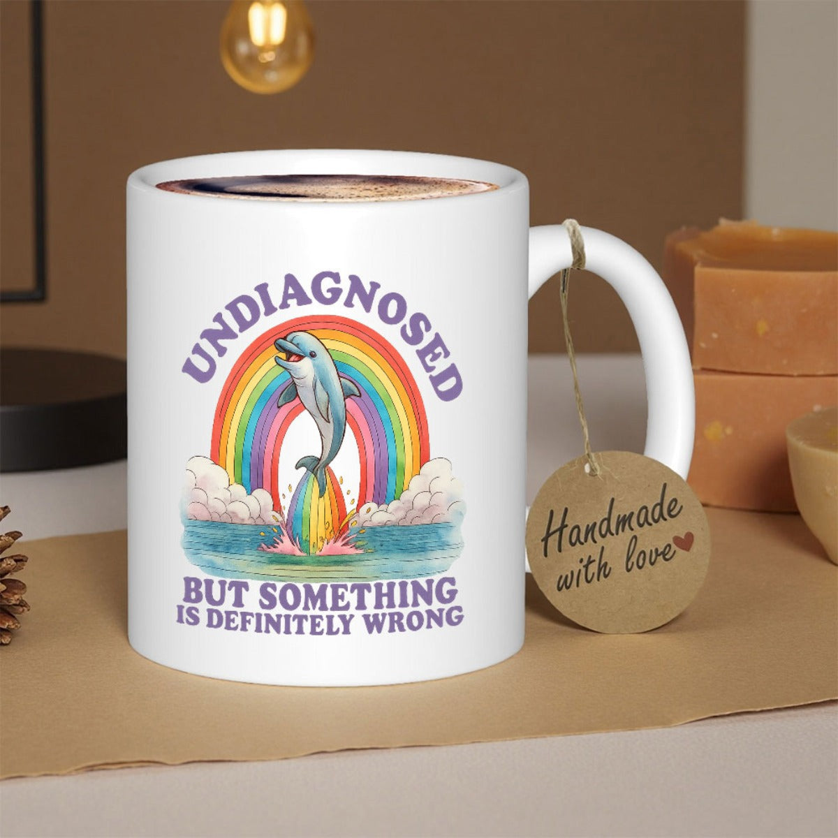 Tailorly White Ceramic 11 oz Mug - Undiagnosed But Something Is Definitely Wrong Cheerful Aquatic Mammal Leaping Before Vibrant Rainbow Above Soft Blue Clouds