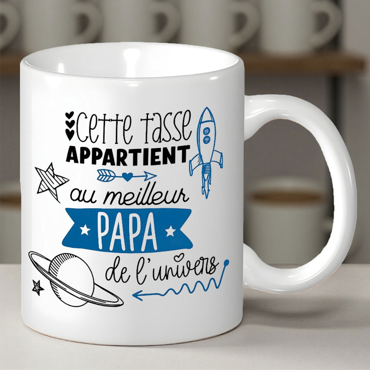 Tailorly White Ceramic 11 oz Mug - Whimsical Hand Drawn Outer Space Elements Featuring Stars Planet And Arrow Rocket