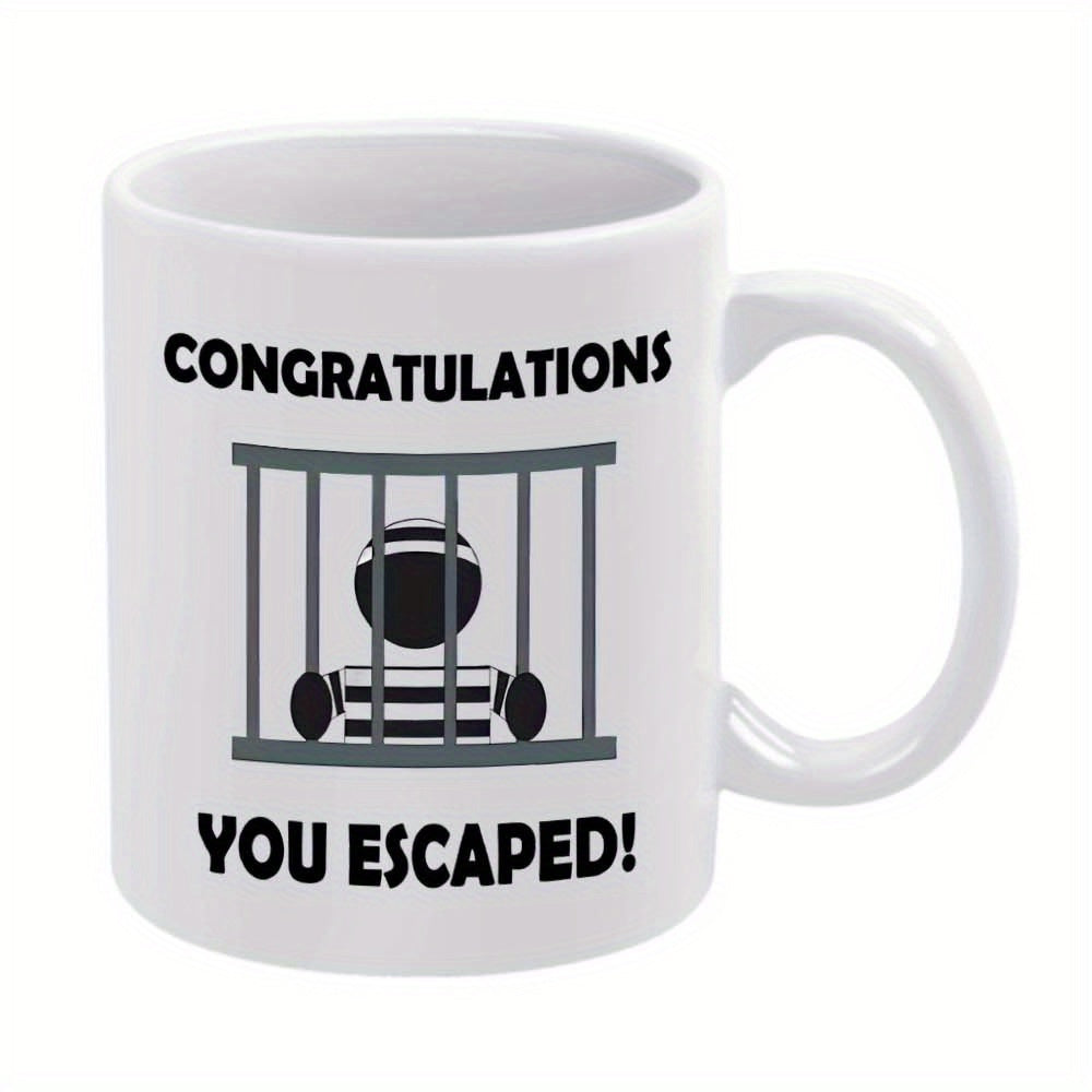Tailorly White Ceramic 11 oz Mug - Congratulations You Escaped Stylized Minimalist Character Behind Vertical Iron Bars Silhouette Prisoner