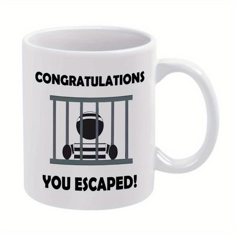 Tailorly White Ceramic 11 oz Mug - Congratulations You Escaped Stylized Minimalist Character Behind Vertical Iron Bars Silhouette Prisoner