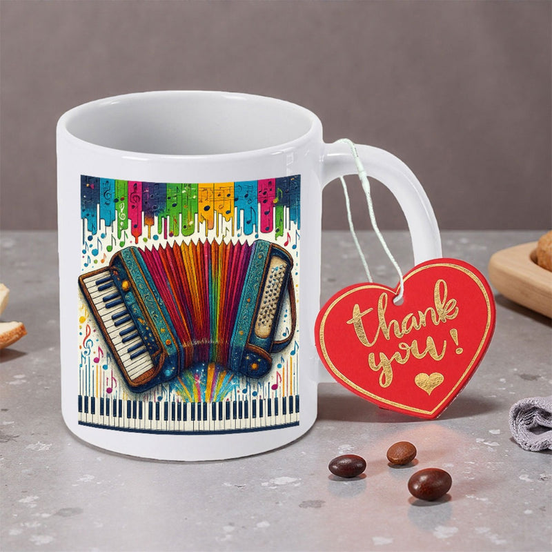 Tailorly White Ceramic 11 oz Mug - Colorful Musical Instrument With Vibrant Dripping Rainbow Paint Elements Artistic Accordion