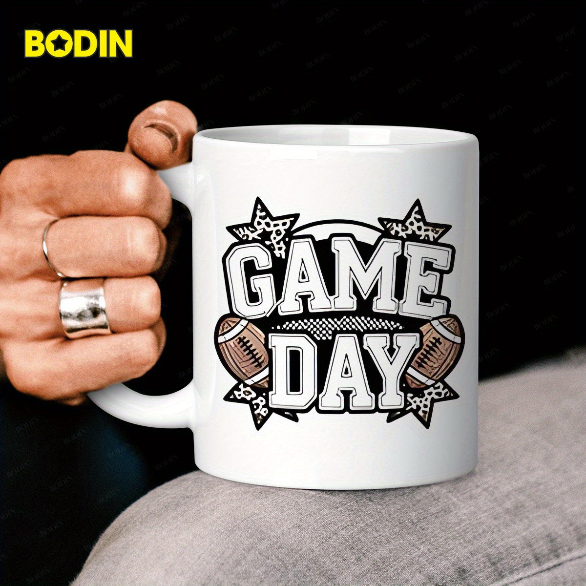 Tailorly White Ceramic 11 oz Mug - Game Day Athletic Styled Layout Featuring Leopard Print Stars And Textured American Football Football