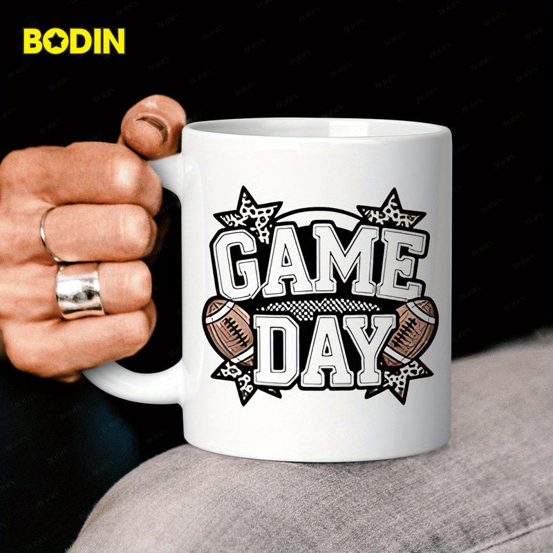 Tailorly White Ceramic 11 oz Mug - Game Day Athletic Styled Layout Featuring Leopard Print Stars And Textured American Football Football