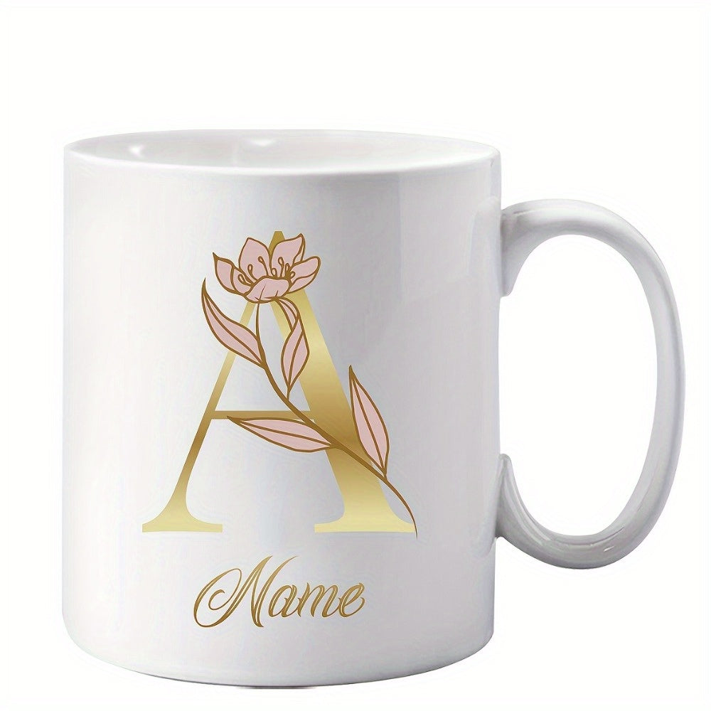 Tailorly White Ceramic 11 oz Mug - Name Elegant Golden Initial A Intertwined With Delicate Pink Botanical Flower