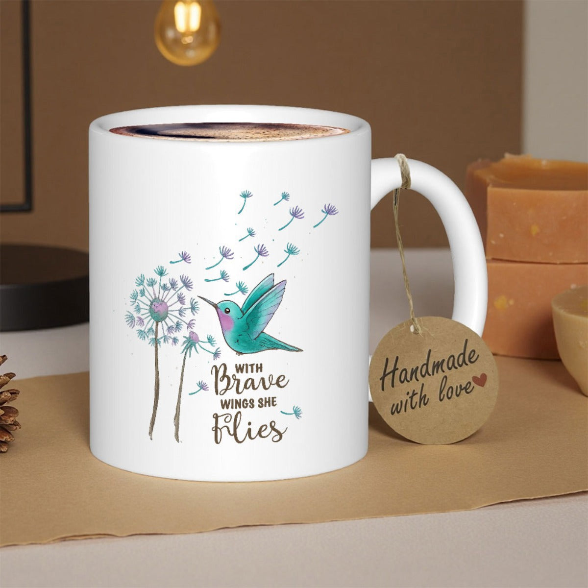 Tailorly White Ceramic 11 oz Mug - With Brave Wings She Flies Elegant Teal Hummingbird Hovering Near Dandelions With Seeds Blowing Away Hummingbird