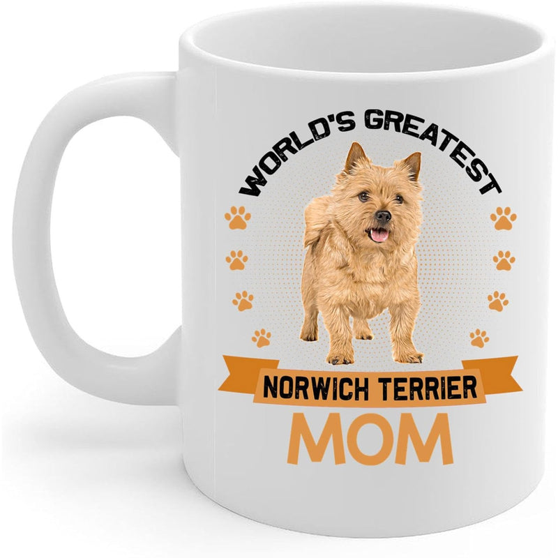 Tailorly White Ceramic 11 oz Mug - Worlds Greatest Norwich Terrier Mom Adorable Small Tan Dog Standing Alertly Surrounded By Orange Paw Prints Terrier