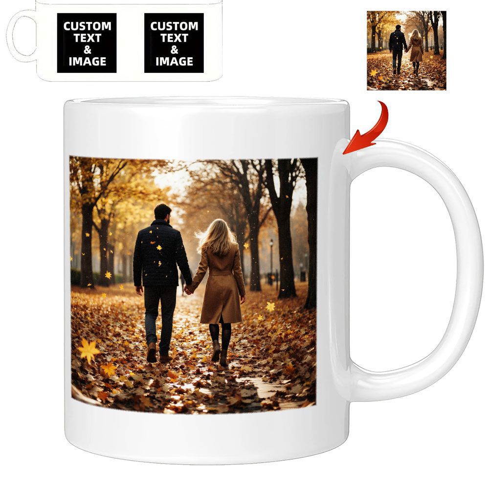 Tailorly White Ceramic 11 oz Mug - Golden Autumn Park Scenery With Romantic Couple Walking Hand In Hand Couple