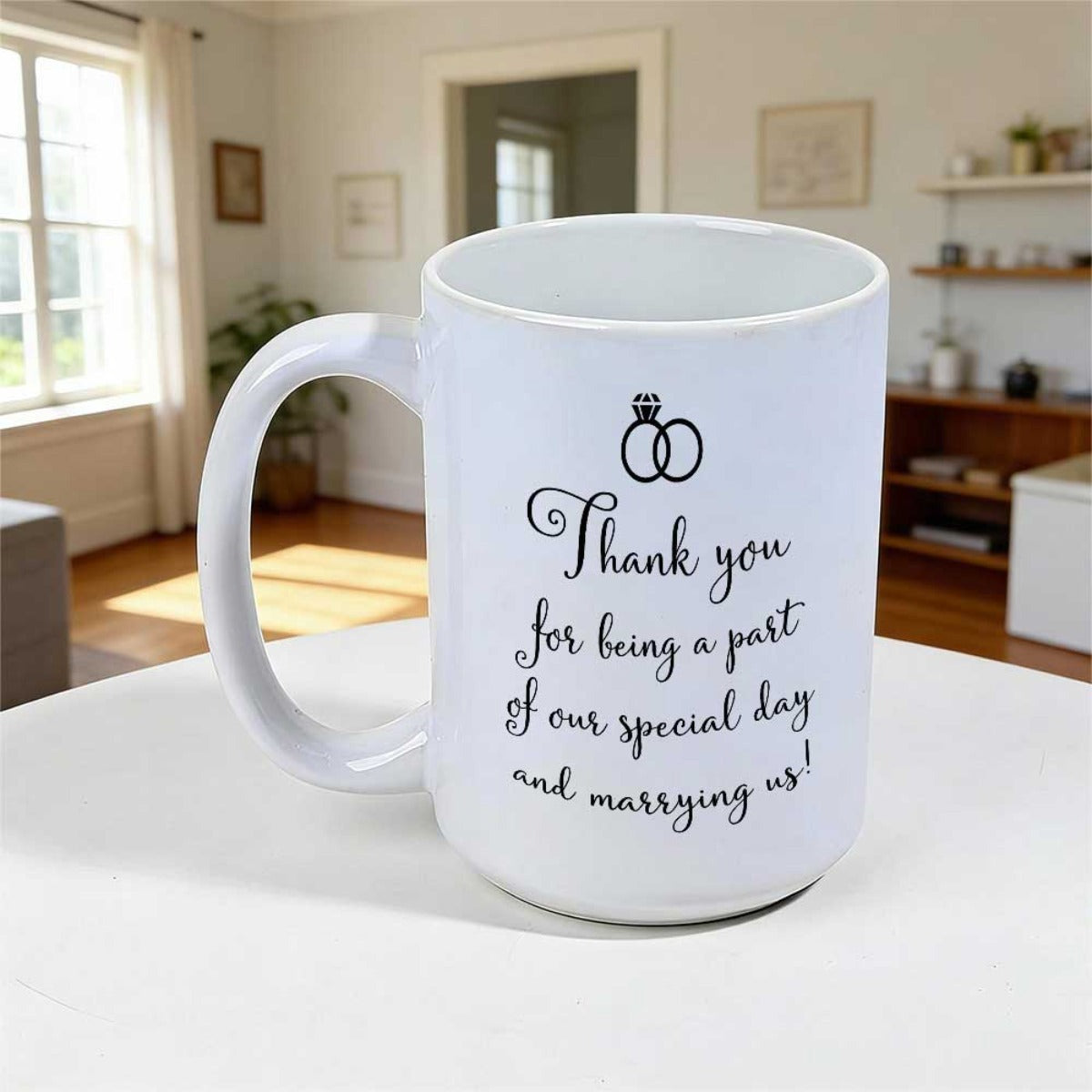 Tailorly White Ceramic 11 oz Mug - Thank You For Being A Part Of Our Special Day And Marrying Us Elegant Minimalist Style Featuring Interlocking Wedding Bands With