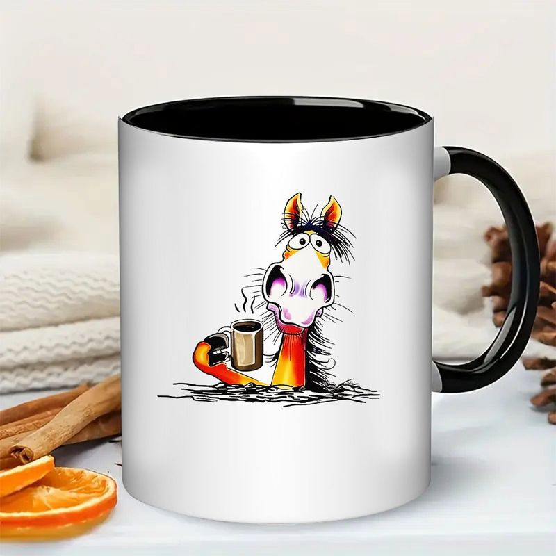 Tailorly Black Accent 11 oz Mug - funny horse drinking coffee