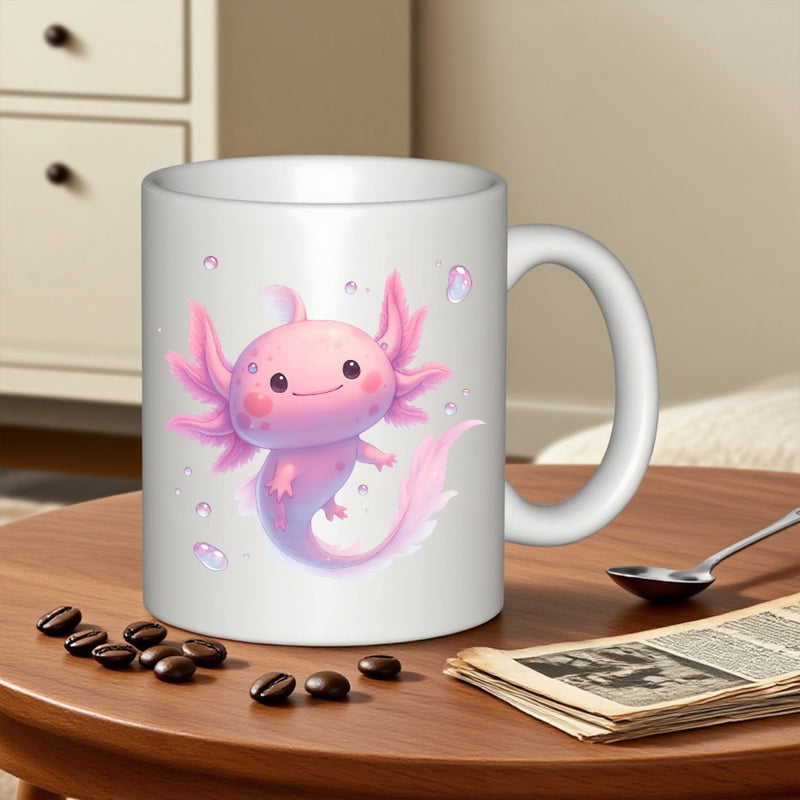 Tailorly White Ceramic 11 oz Mug - Cute Smiling Pink Creature Floating Amidst Small Magical Bubbles In Water Axolotl