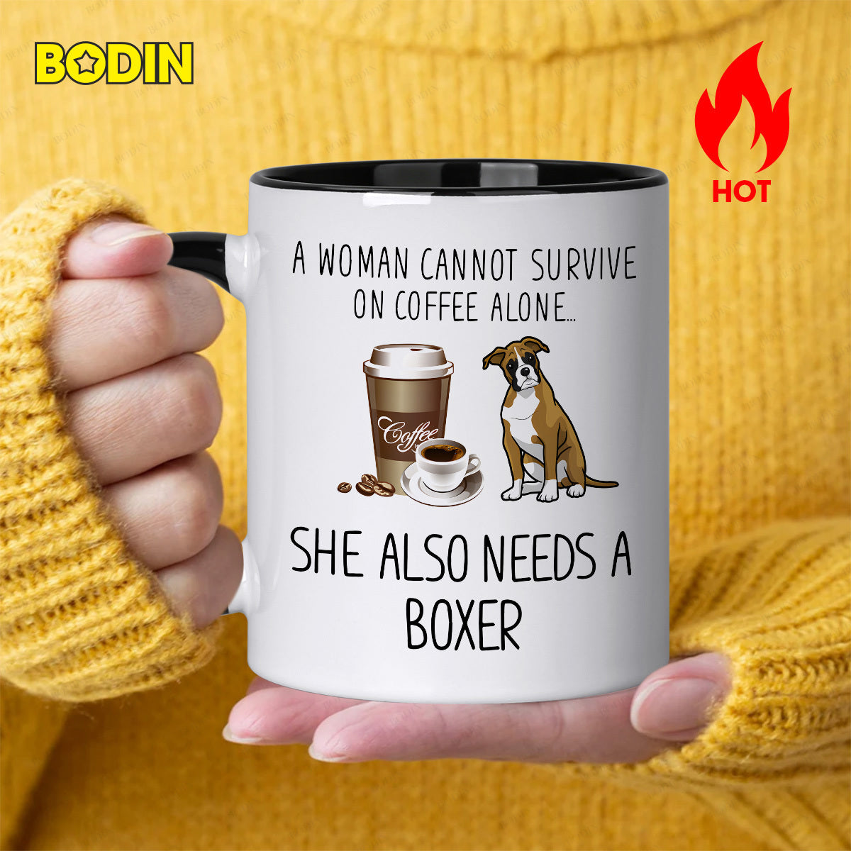 Tailorly Black Accent 11 oz Mug - a woman cannot on coffee alone she needs a boxer funny dog quote