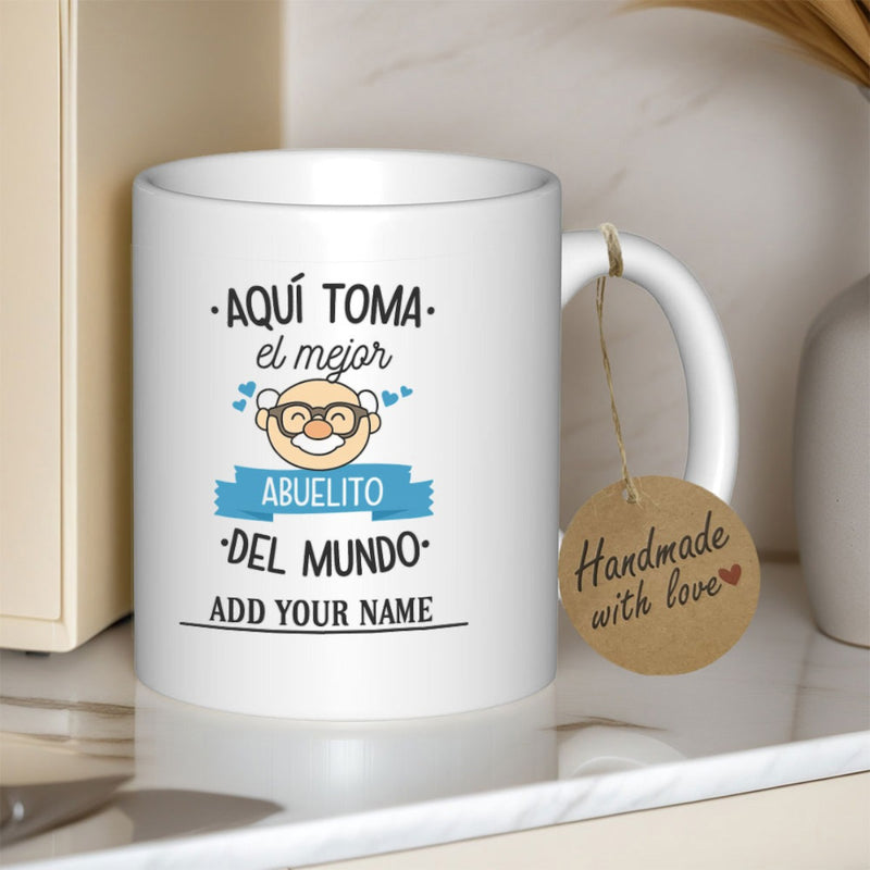 Tailorly White Ceramic 11 oz Mug - Add Your Name Smiling Elderly Man With Glasses And Blue Hearts In Cartoon Style Man