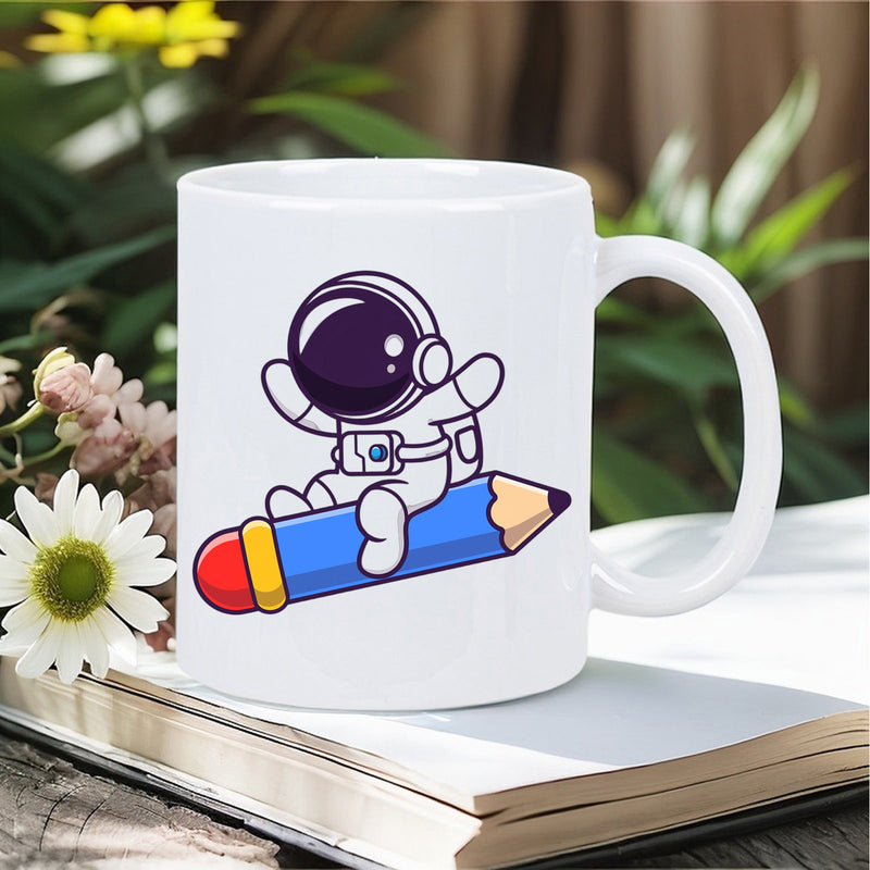 Tailorly White Ceramic 11 oz Mug - Charming Cartoon Figure Riding A Large Blue Pointed Colored Pencil Astronaut