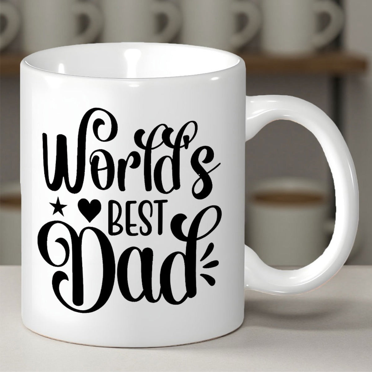 Tailorly White Ceramic 11 oz Mug - Worlds Best Dad Stylized Black Script Lettering With Heart And Star Decorative Accents Dad