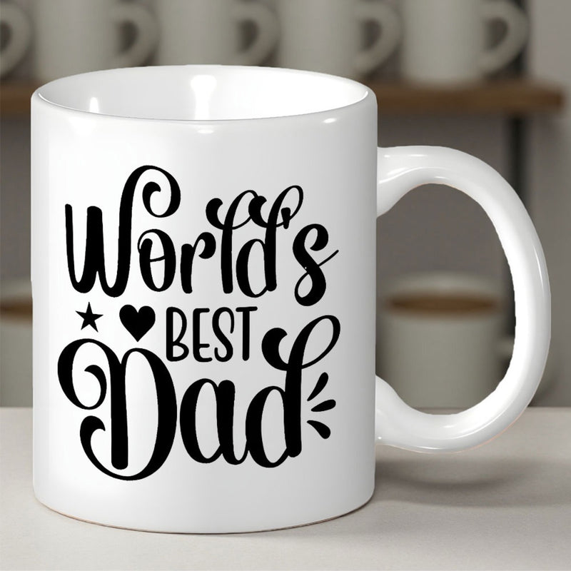 Tailorly White Ceramic 11 oz Mug - Worlds Best Dad Stylized Black Script Lettering With Heart And Star Decorative Accents Dad
