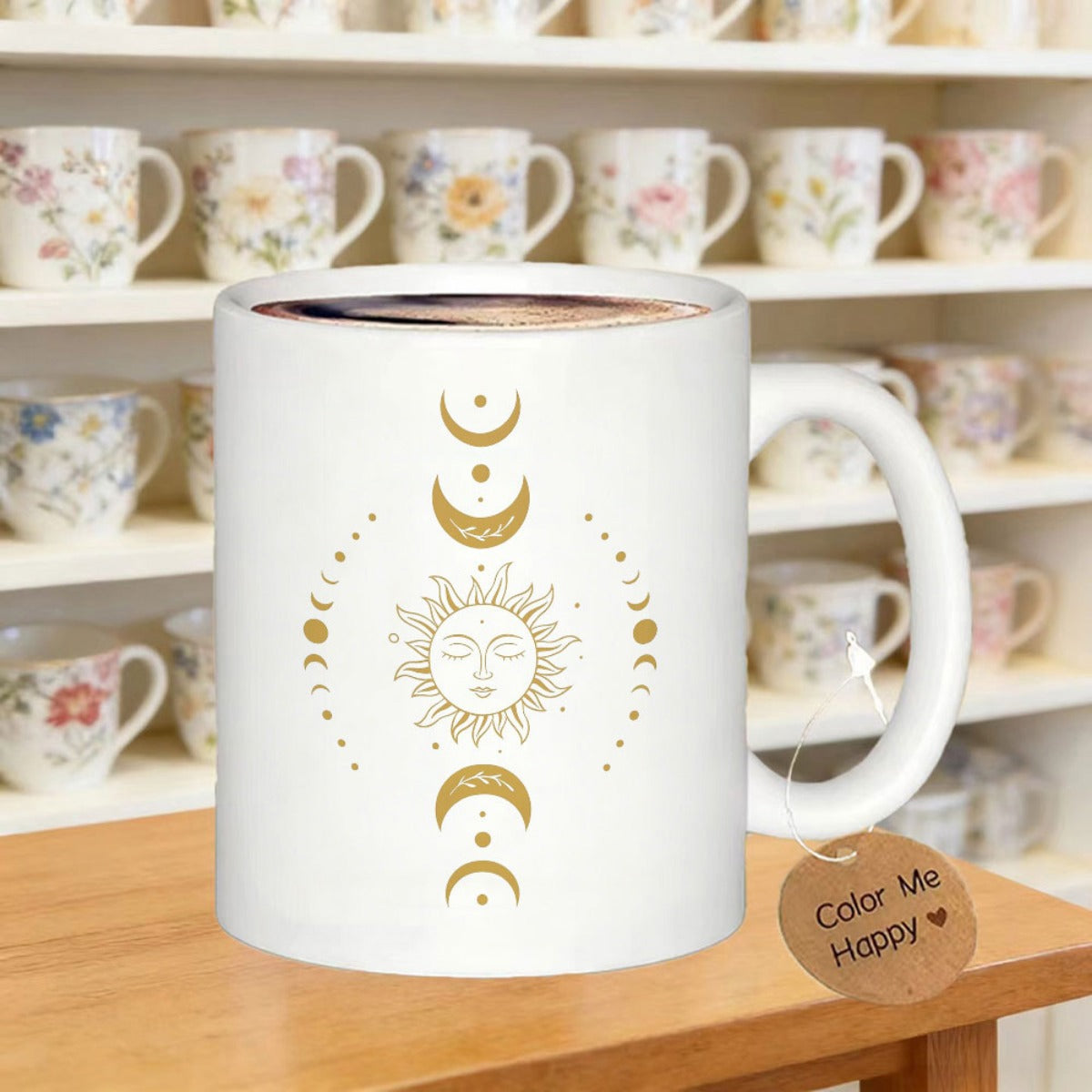 Tailorly White Ceramic 11 oz Mug - Mystical Golden Celestial Sunface With Elegant Moon Phases And Dots Sun