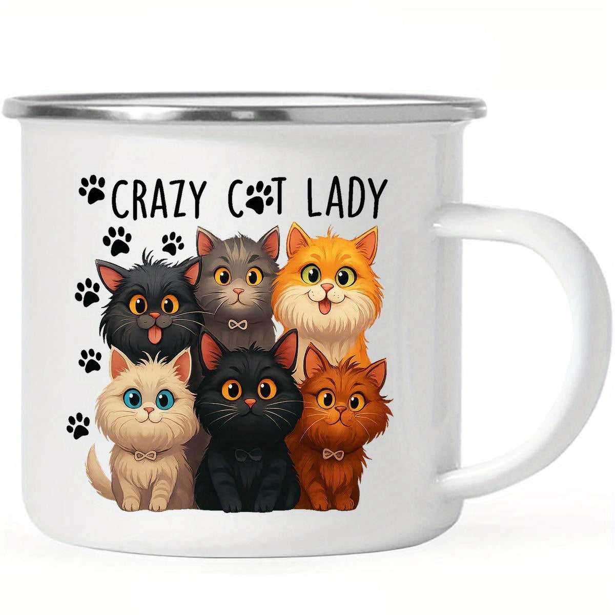Tailorly White Ceramic 11 oz Mug - Crazy Cat Lady Six Adorable Colorful Cartoon Kittens Sitting Together With Tiny Paw Prints Cat