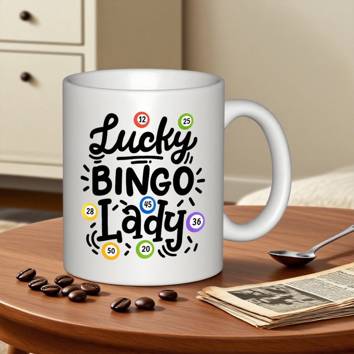 Tailorly White Ceramic 11 oz Mug - Lucky Bingo Lady Vibrant Colorful Numbered Game Balls Surrounded By Decorative Stylized Black Ink Lines Mug