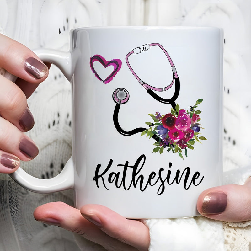 Tailorly White Ceramic 11 oz Mug - Katherine Beautiful Pink Roses And Greenery Entwined Around A Medical Stethoscope
