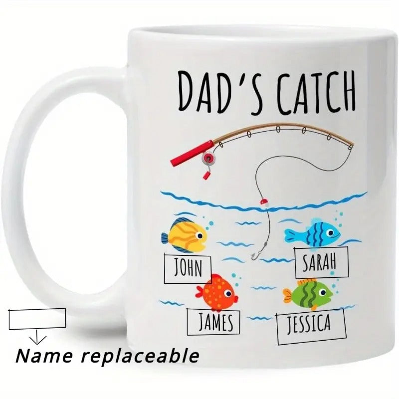 Tailorly White Ceramic 11 oz Mug - Dads Catch Fishing Rod Casting Line Over Colorful Small Cartoon Water Ripples Fish