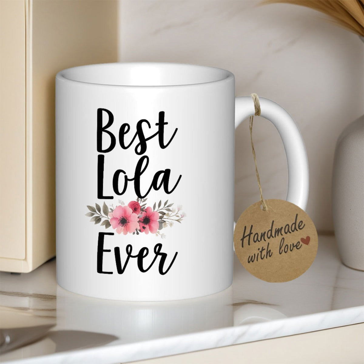 Tailorly White Ceramic 11 oz Mug - Best Lola Ever Delicate Pink Blossoms Among Soft Gray Leaves Flower