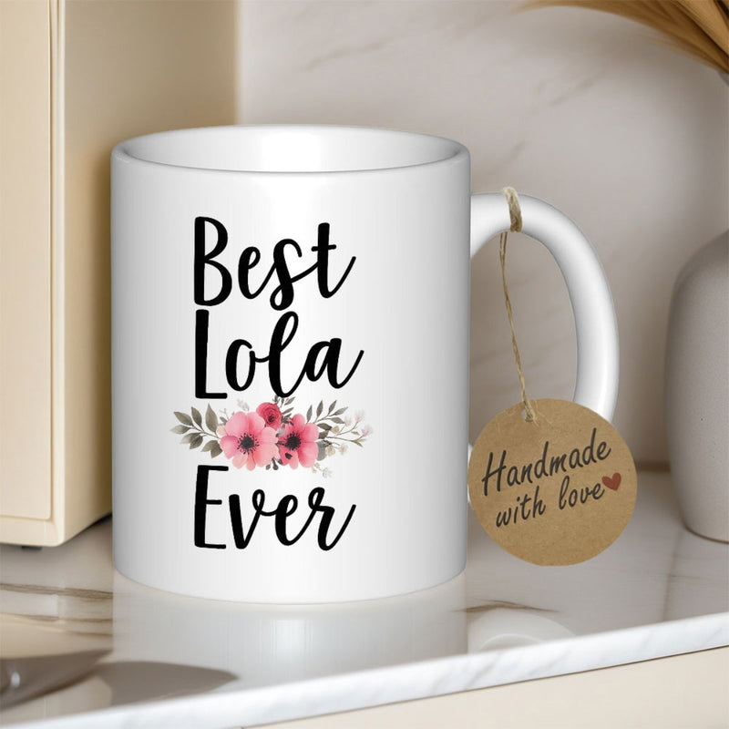 Tailorly White Ceramic 11 oz Mug - Best Lola Ever Delicate Pink Blossoms Among Soft Gray Leaves Flower