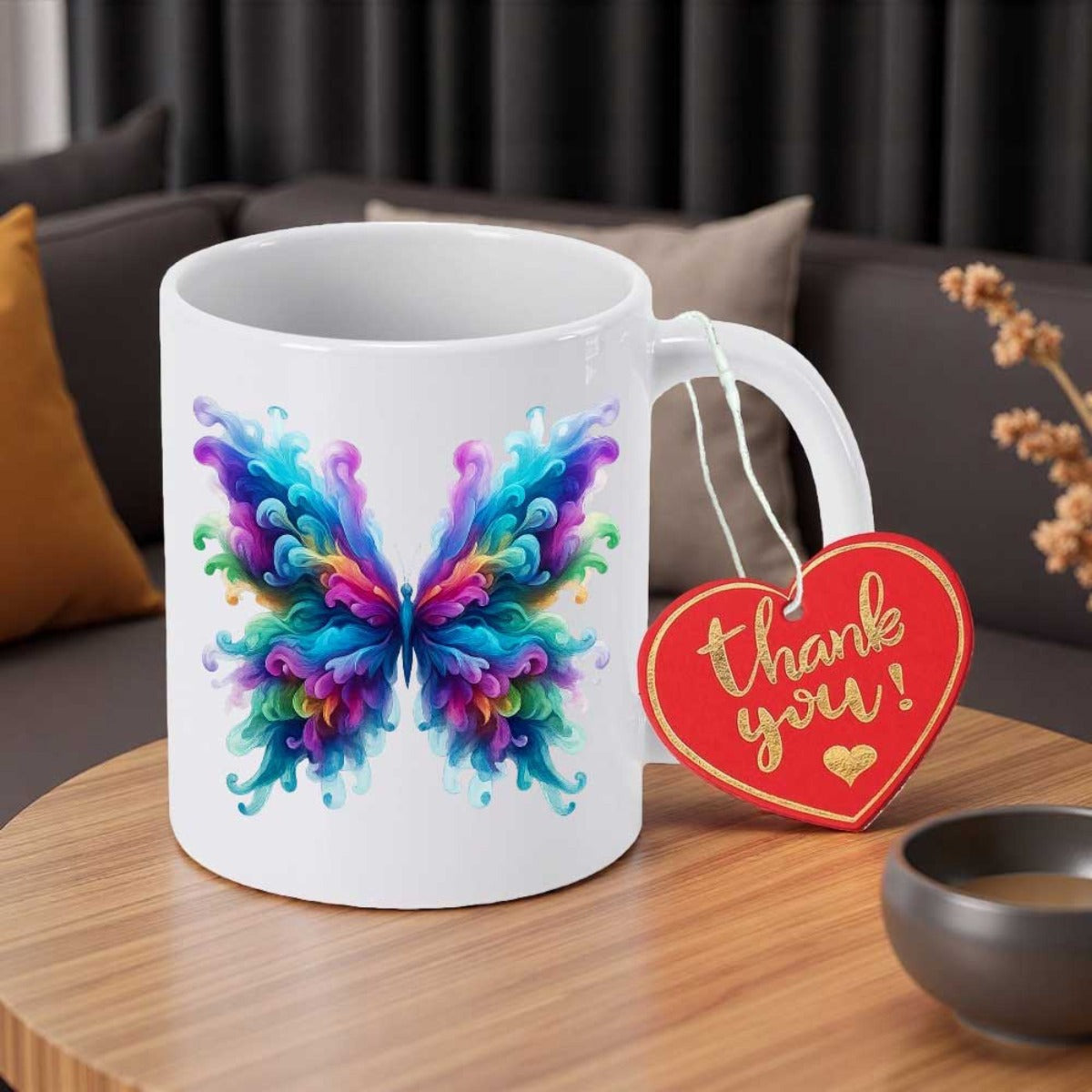 Tailorly White Ceramic 11 oz Mug - Vibrant Abstract Colorful Splashed Ink Style Symmetrical Fluid Butterfly