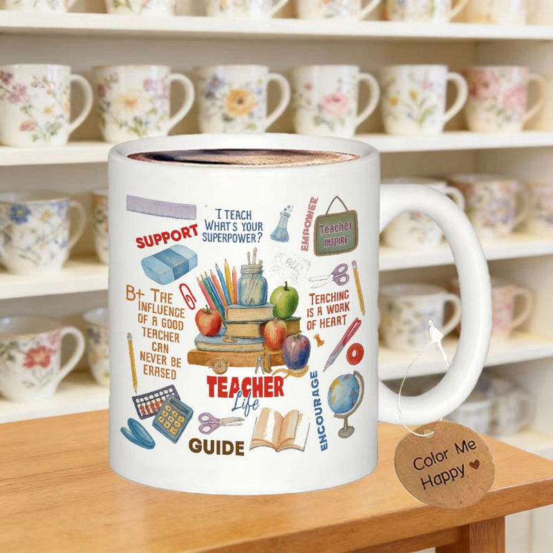 Tailorly White Ceramic 11 oz Mug - Teacher Life Teaching Is A Work Of Heart Stacked Academic Books With Red Apples And Various Colorful School Supplies Mug