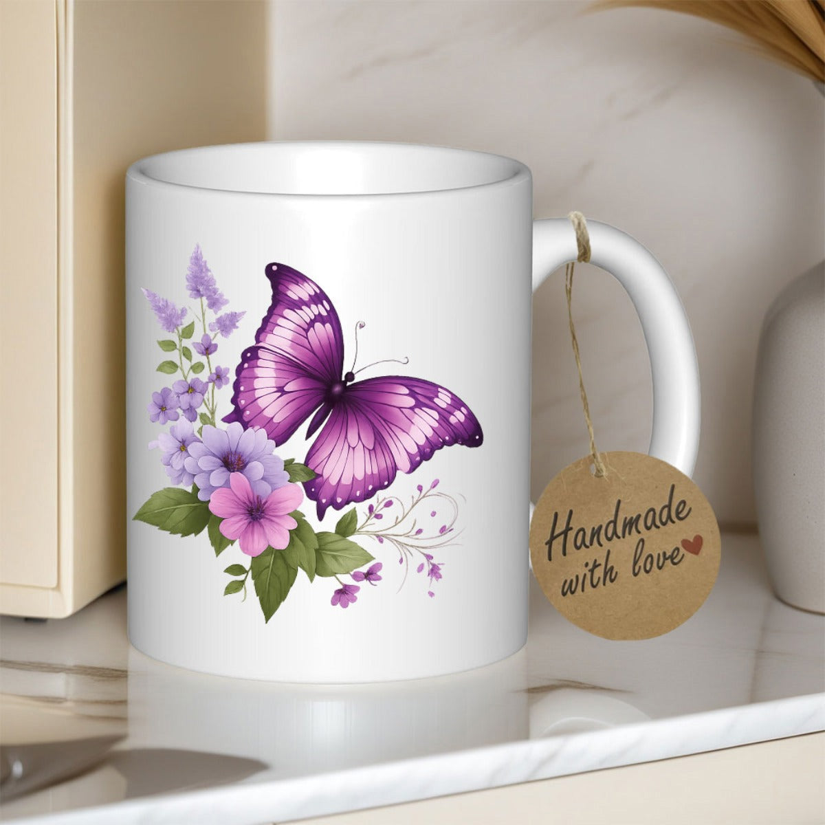 Tailorly White Ceramic 11 oz Mug - Handmade With Love Elegant Purple Winged Insect Resting Among Vibrant Floral Blossoms Butterfly