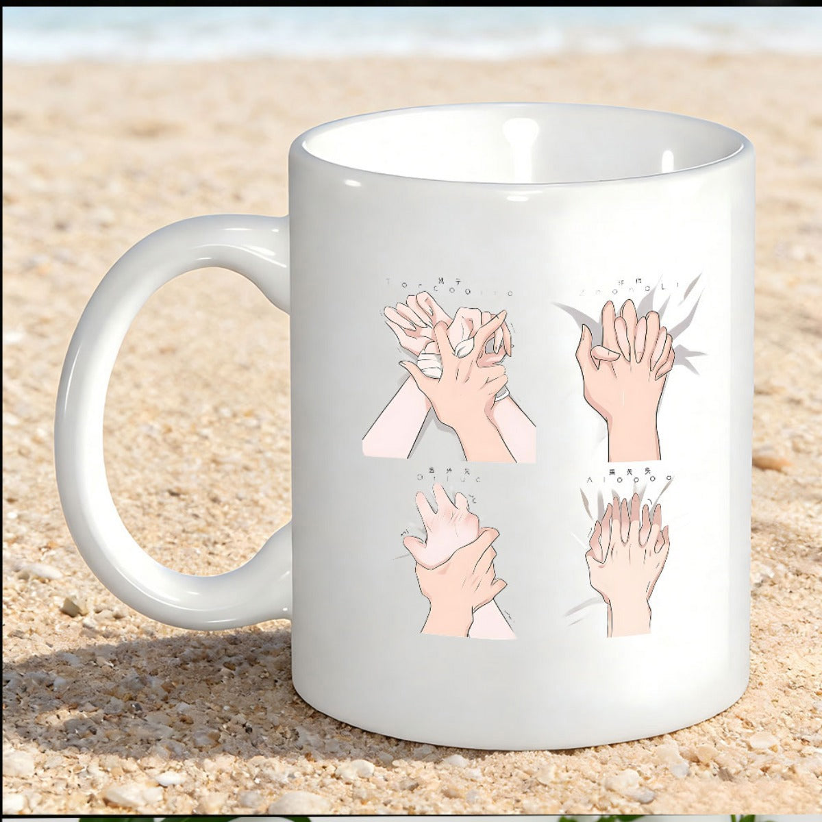 Tailorly White Ceramic 11 oz Mug - Instructional Diagram Illustrating Proper Hygiene Steps With Multiple Intertwined Washing Hand