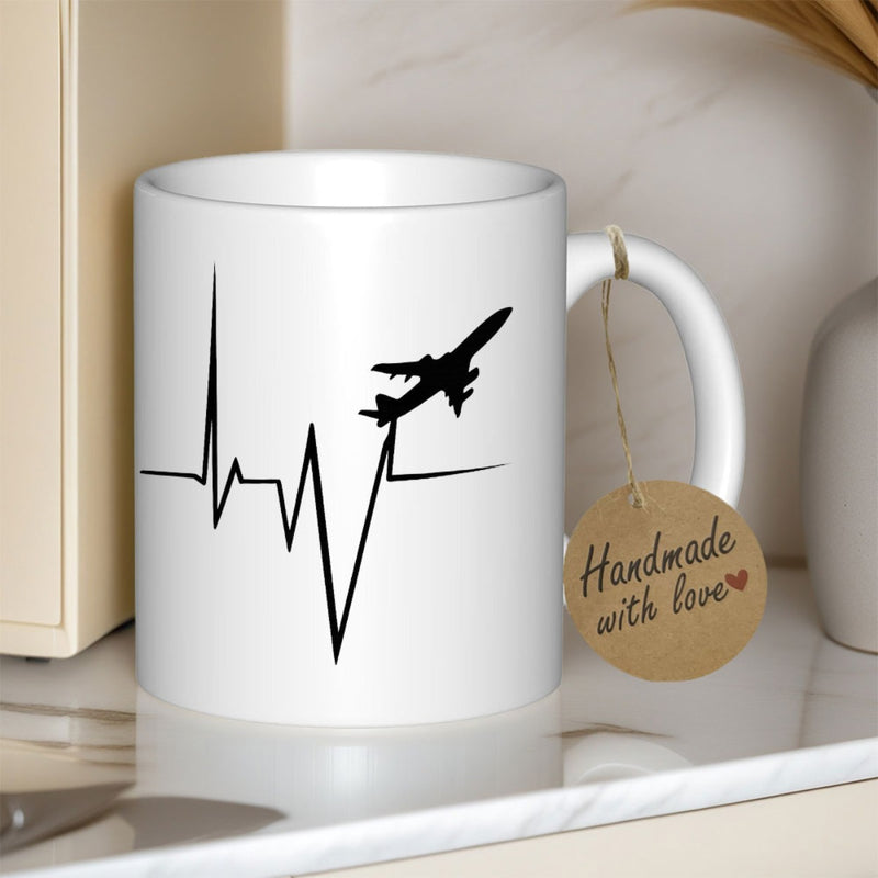Tailorly White Ceramic 11 oz Mug - Handmade With Love Minimalist Black Heartbeat Line Combined With Commercial Flight Silhouette Flying High Airplane