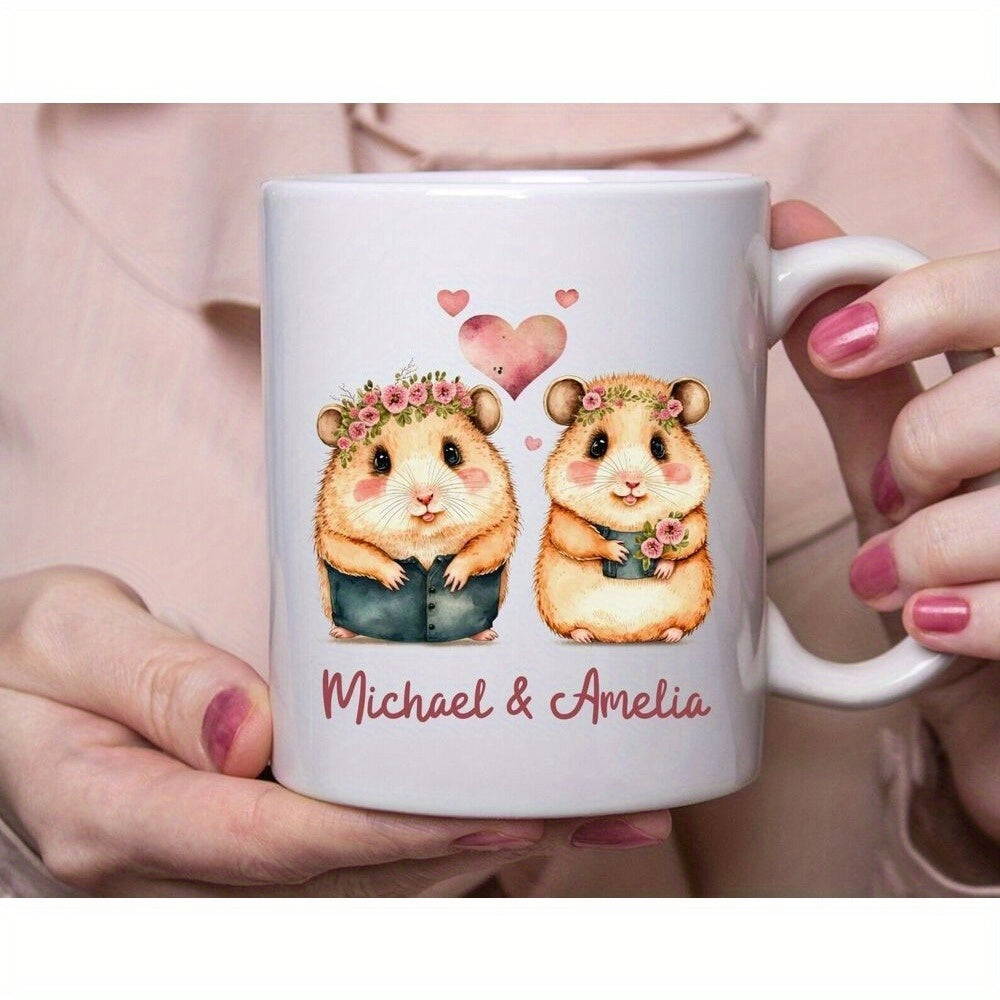 Tailorly White Ceramic 11 oz Mug - Michael Amelia Adorable Watercolor Pair Wearing Flower Crowns Under Floating Pink Heart Hamster