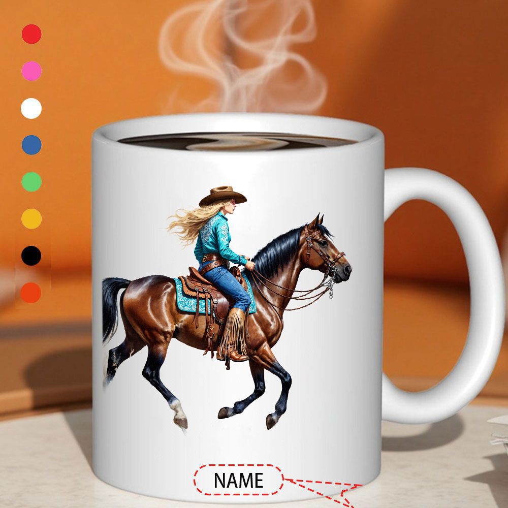 Tailorly White Ceramic 11 oz Mug - Beautiful Cowgirl Wearing Hat Riding A Majestic Galloping Brown Stallion Horse
