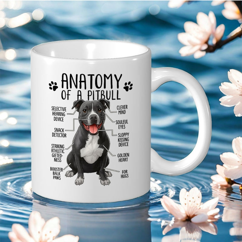 Tailorly White Ceramic 11 oz Mug - Anatomy Of A Pitbull Sitting Black And White Dog With Humorous Descriptive Labels Pitbull
