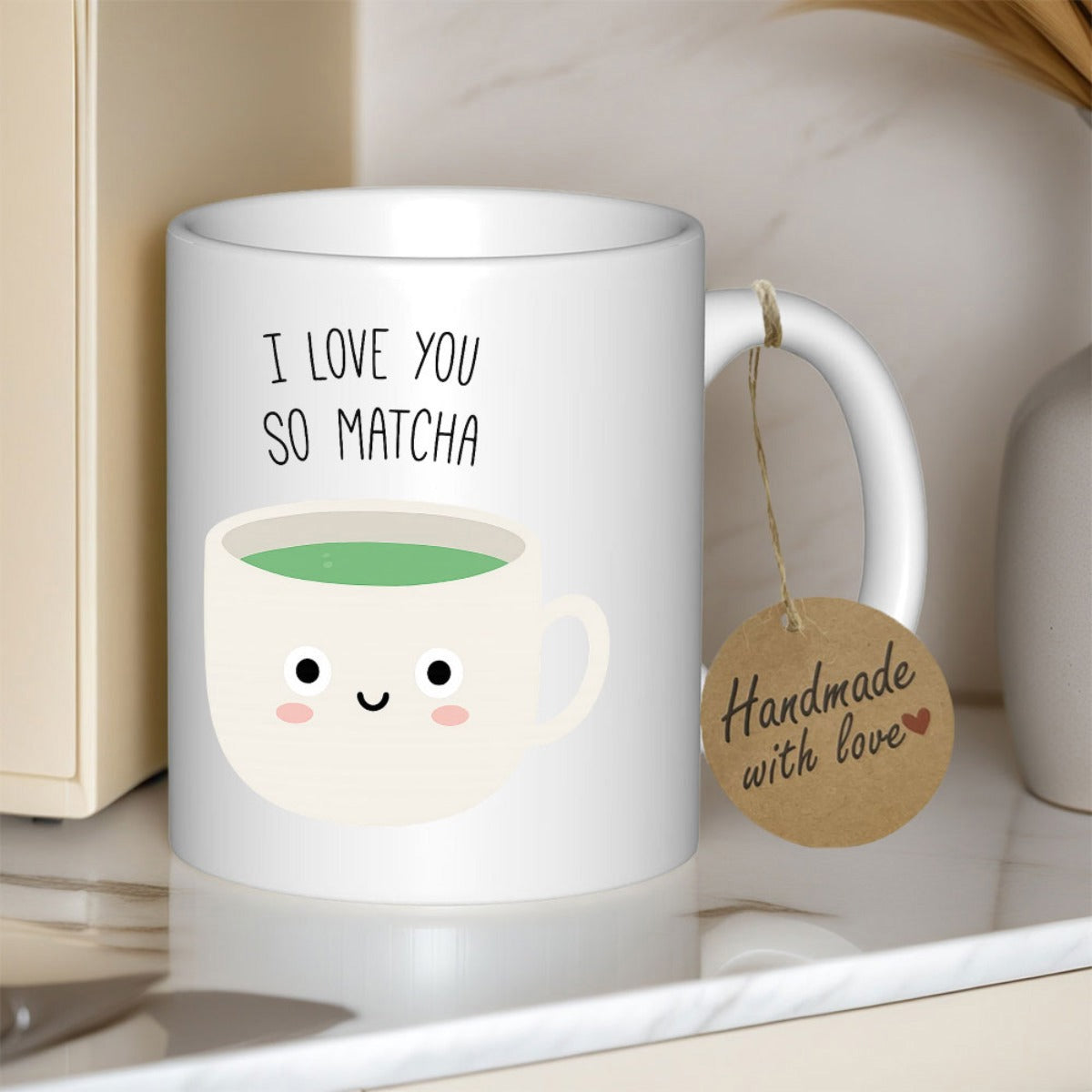Tailorly White Ceramic 11 oz Mug - I Love You So Matcha Adorable Smiling Cup Filled With Vibrant Green Healthy Herbal Tea Beverage Cup