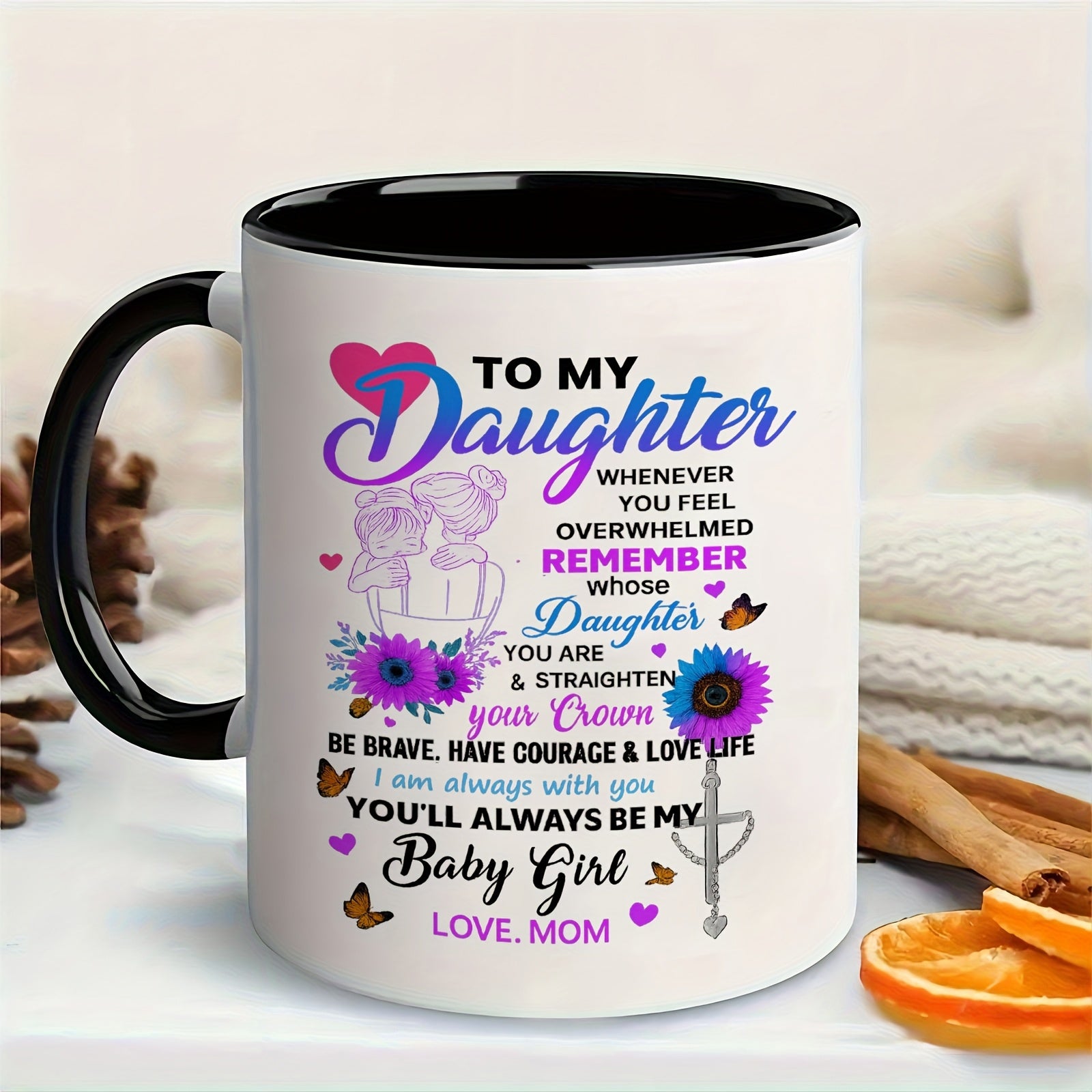 Tailorly Black Accent 11 oz Mug - unicorn footprints， pink bow， "to my daughter" quotes
