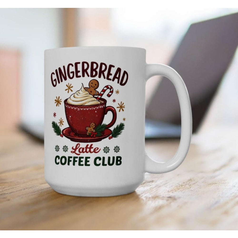 Tailorly White Ceramic 11 oz Mug - Gingerbread Latte Coffee Club Festive Red Cup With Whipped Cream And Small Gingerbread Man Cup