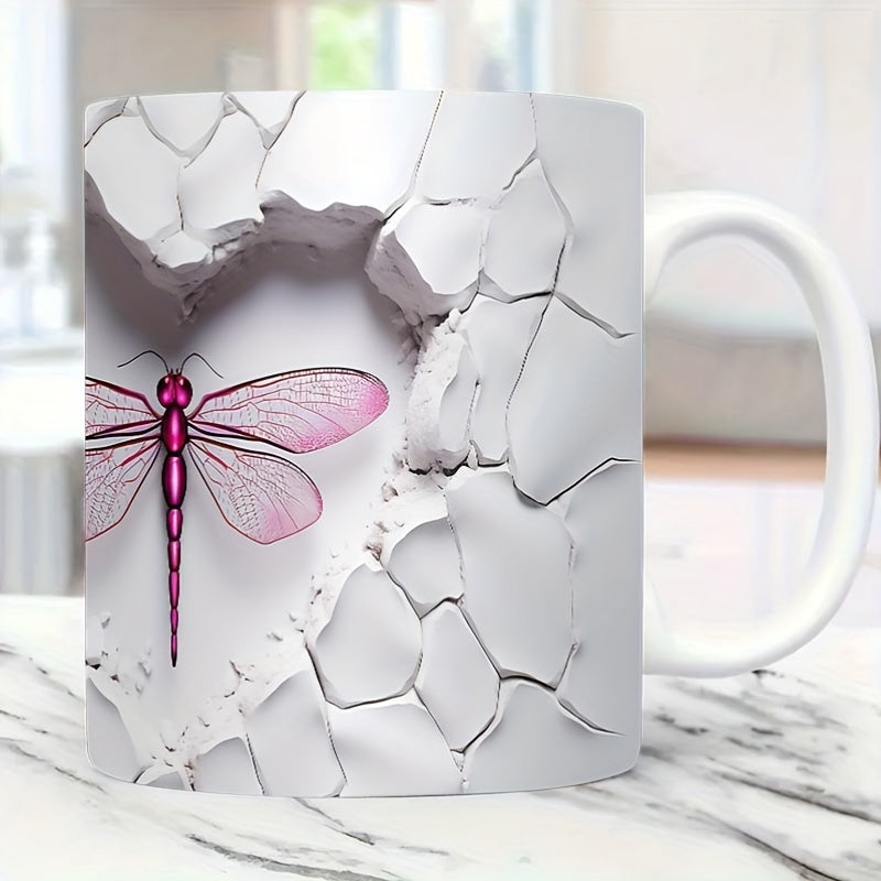 Tailorly White Ceramic 11 oz Mug - Elegant Radiant Pink Wings Emerging Through Cracked Stone Wall Dragonfly
