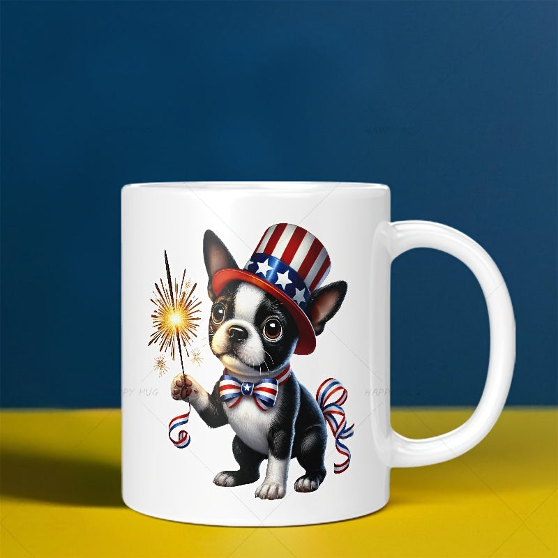 Tailorly White Ceramic 11 oz Mug - Adorable Patriotic Boston Terrier Wearing A Star Spangled Hat Holding A Sparkler Dog