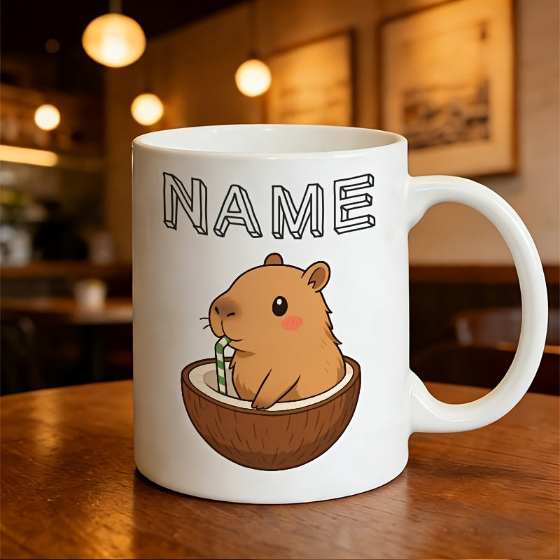 Tailorly White Ceramic 11 oz Mug - Name Cute Cartoon Animal Sitting Inside Coconut Shell Drinking Through Straw Capybara