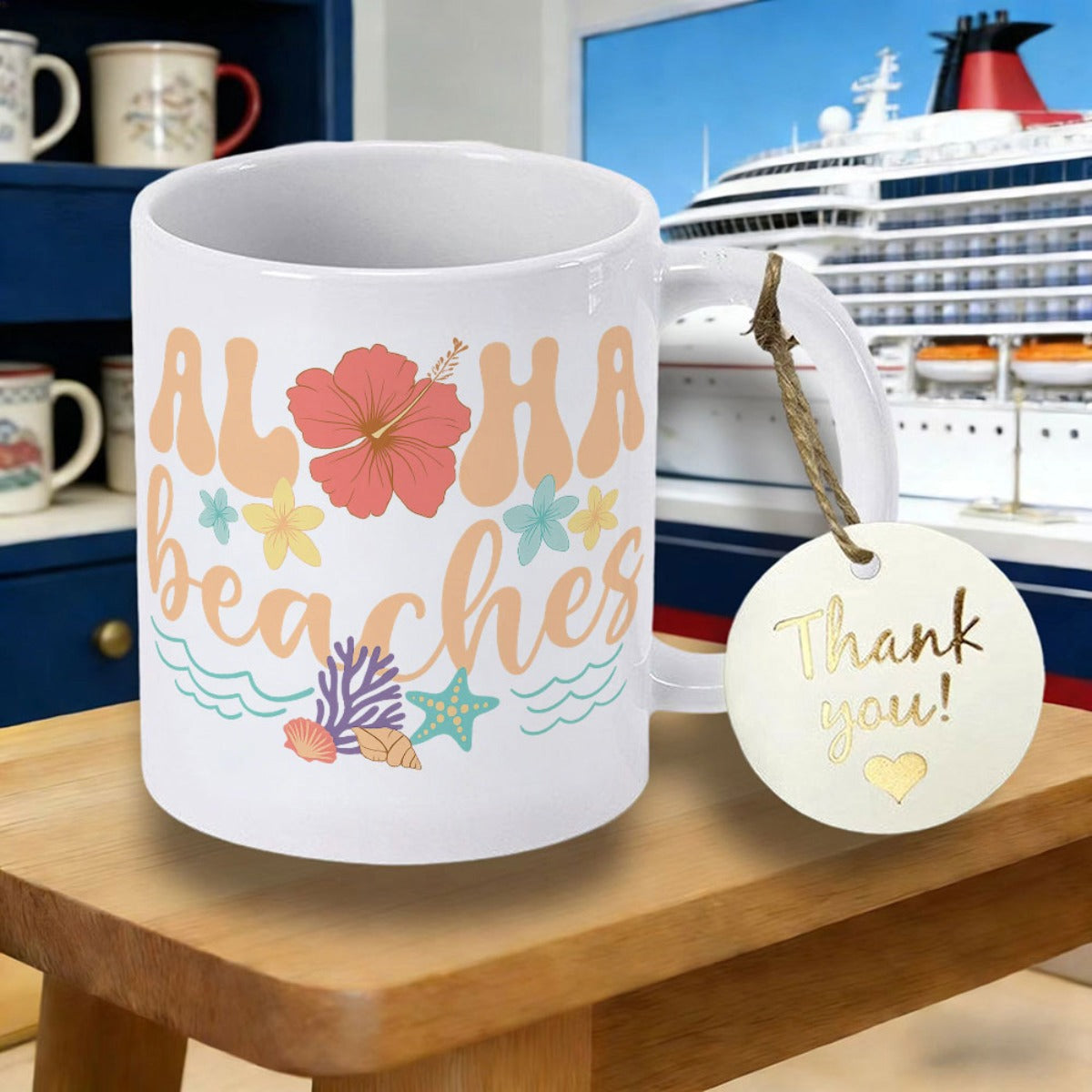 Tailorly White Ceramic 11 oz Mug - Aloha Beaches Blooming Pink Hibiscus Among Tropical Sea Coral And Starfish Near Waves Hibiscus