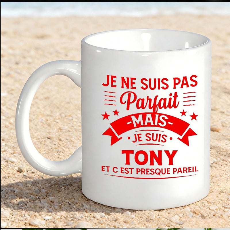 Tailorly White Ceramic 11 oz Mug - Tony Vibrant Red Typography Surrounded By Decorative Banner And Small Stars Mug