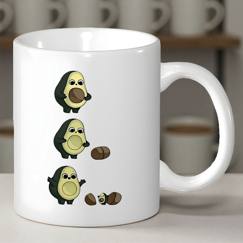 Tailorly White Ceramic 11 oz Mug - Three Minimalist Cartoon Avocados Dropping A Seed To Reveal A Tiny Avocado