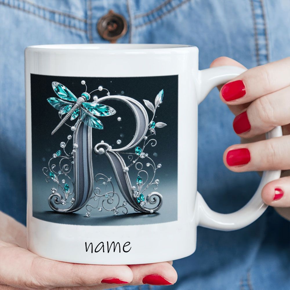 Tailorly White Ceramic 11 oz Mug - Name Elegant Ornate Metallic Initial Decorated With Vines And Shimmering Jeweled Dragonfly