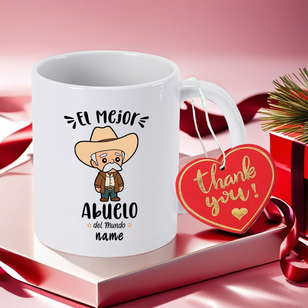 Tailorly White Ceramic 11 oz Mug - Thank You Name Senior Man Wearing Classic Cowboy Hat In A Cartoon Style Man