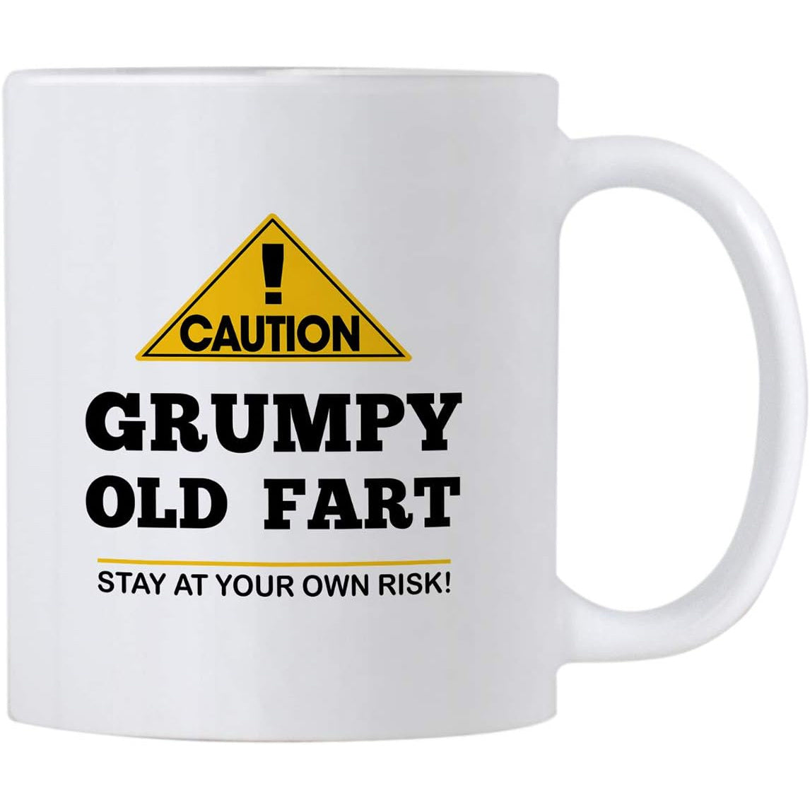 Tailorly White Ceramic 11 oz Mug - Caution Grumpy Old Fart Stay At Your Own Risk Industrial Style Yellow Warning Triangle Symbol Featuring Bold Exclamation Point